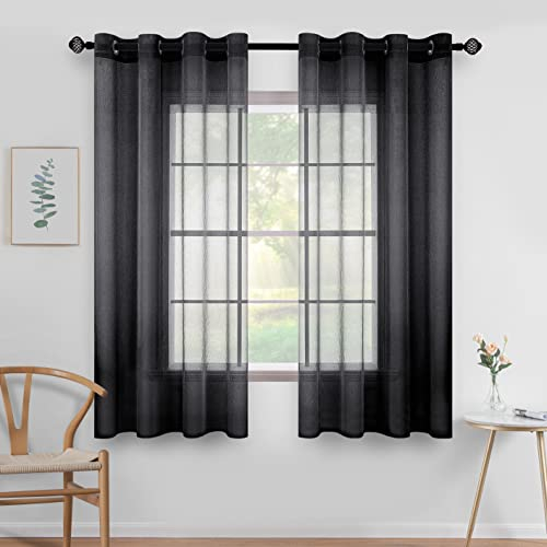 MIULEE Gardinen Kurz mit Ösen Transparente Optik Gardine Ösenvorhang Ösenschal Transparent Durchsichtig Vorhang Kurz für Schlafzimmer Wohnzimmer 140x122 cm (B x H) 2er Set Schwarz