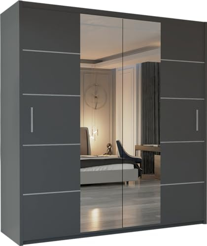 MN Furniture Sliding Wardrobe with Full Mirror Doors, Shelves & Hanging Rails, Space Saving Bedroom Storage, White Black Grey Oak (Grey, 180cm)
