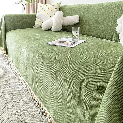 KnSam Home Couchbezug, Einfarbig Sofahusse 4 Sitzer mit Quaste, rutschfeste Sofahusse Chenille Anti-Rutsch-Couch (180x420CM, Grün)