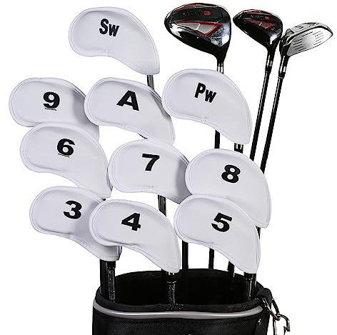 10 Stück Schlägerkopfhüllen für Eisen Schlägerhauben Golf Langer Hals Schützen Golfschläger mit Anzahl Print (Weiß)