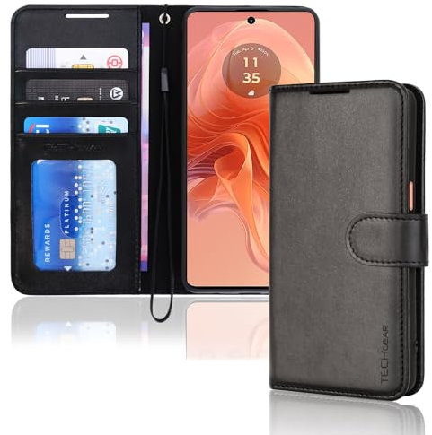 TECHGEAR Leder Hülle Moto G04/G04s - PU Leder Flip Case Schutzhülle Ledertasche [Brieftasche] Handyhülle mit Ständer und Handschlaufe Beutel kompatibel mit Motorola Moto G04/G04s - Schwarz