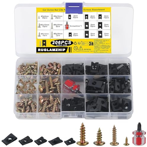 Kit 205 Pezzi Clip Vite Dado Lamiera - Include 105 Viti a Testa Crociata, 100 Dadi a U per Lamiera, Clip per Parafango Auto e Corpo Auto