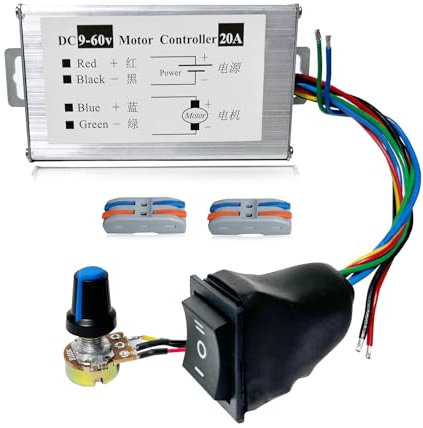 HUSETOO Gleichstrom-Motordrehzahlregler, DC 12 V, 24 V, 36 V, 48 V, 60 V, Motorpulsbreitenmodulator, Regler, Motor, variabler Geschwindigkeitsregler (1200 W, 20 A CW/CCW Schalter und