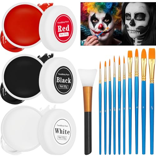 Pintacaras Maquillaje Halloween de Payaso con 11 Pinceles,Pinturas Corporales Blanco y Negro SFX Maquillaje Halloween Profesional para Adultos y Niños,Impermeable (Blanco&Negro&Rojo)