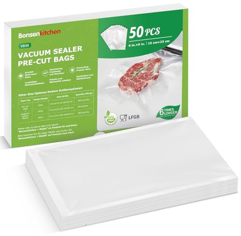 Bonsenkitchen Sacs Sous Vide Alimentaire, 50 sacs 15 x 23 cm, Adaptés à Toutes les Machines Sous Vide, Solides et Résistants aux Déchirures, Sans BPA, VB30