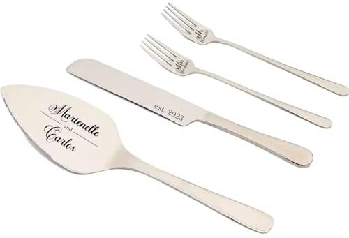Set De Couteaux À Gâteau De Mariage Personnalisé, Serveur De Couteau À Gâteau Gravé Avec Noms Et Date, Set De Couteau À Gâteau En Acier Inoxydable Pour Douche Nuptiale, Noël, Anniversaire.(Silver)