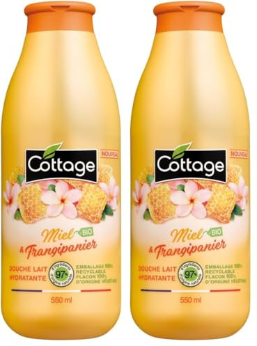 Cottage - Gel douche Lait 550ml 97% d'ingrédients d'origine naturelle, Miel BIO et Frangipanier - Fabriqué en France. (Lot de 2)