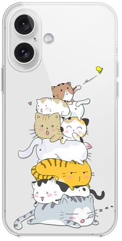 Fancy Case Kompatibel mit iPhone 16 Hülle (15,5 cm) - Niedliches gestapeltes Katzen-Design, lustiges Cartoon-Tiermuster, Flexible TPU-Schutzhülle, klare Schutzhülle (gestapelte Katzen)