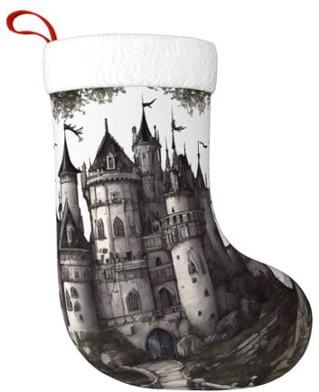 YKJJFVZ Weihnachtsstrümpfe, Gothic-Märchenschloss, personalisierbar, für Familiendekorationen, hängende Dekoration für Weihnachtsfeiertage, Schwarz, Einheitsgröße