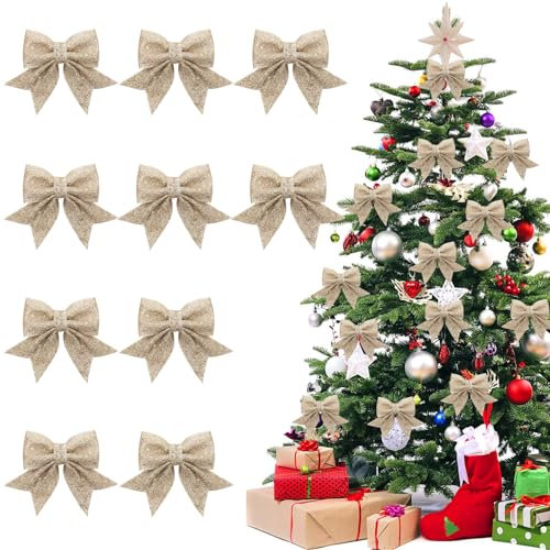 Hyran 10 Stück Schleifen Weihnachtsbaum, Glitzer Weihnachtsschleifen, Rote Schleifen Weihnachten, Geschenkschleifen, Weihnachtsbaum Deko (Champagner)