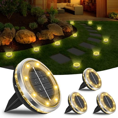 Bowfar 4 Stück Solar Bodenleuchten Aussen, IP65 Wasserdicht Solarlampen 12 LEDs Gartenbeleuchtung Solar Mit Upgrade Solarpanel, Warmweiß Solarleuchten für Garten, Rasen, Gehweg, Patio, Auffahrt