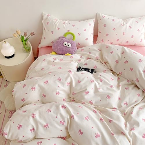 Nayoroom Bettwäsche 135x200 Mädchen Weiß mit Rosa Schleifen Kinder Bettbezug 2teilig Aesthetic Kawaii Schleifenmuster Microfaser Einzelbett Deckenbezug mit Reißverschluss und Kissenbezug 80x80cm