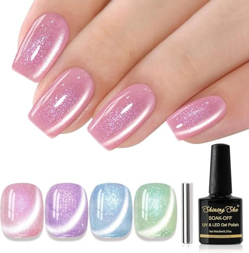 Shining She Gel Nail Polish Magnetic, 4 Colours Pink Purple Blue Pink Green Shimmer Glitter Cat Eye Nail Polish with Magnet Soak-Off UV/LED Gel Polish for Nail Art Salon DIY Home, 8 ML