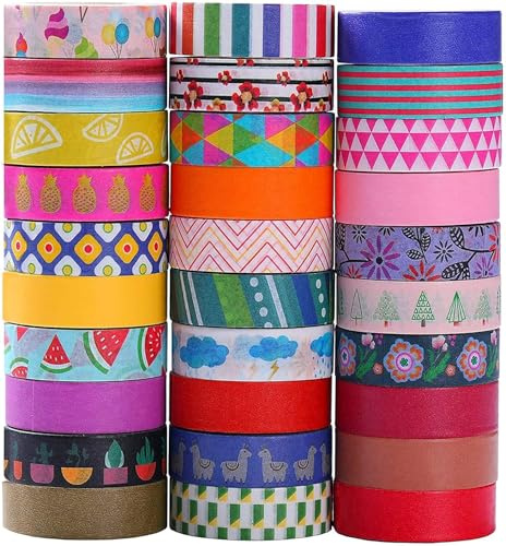 Washi Tape Set - 30 Colored Rolls, Decorative Tape for Journaling, Crafts, Scrapbooking & Bullet Journals