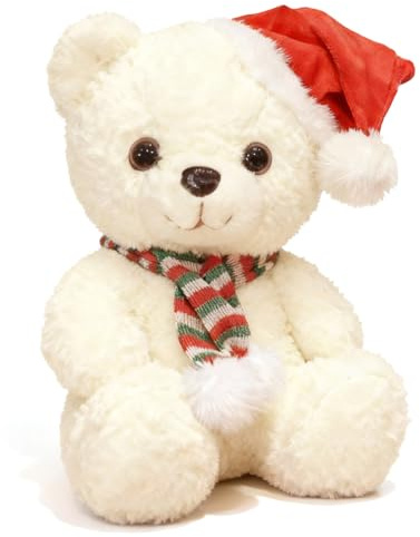 Teddybär, Plüsch-Bär, Teddy mit Weihnachtsmannmütze und -schal, 25 cm Teddybären Stofftier Spielzeug, Plüschtier Kuscheltier Schmusetier Geschenk für Kinder Mädchen Weihnachten Geburtstag Valentinstag
