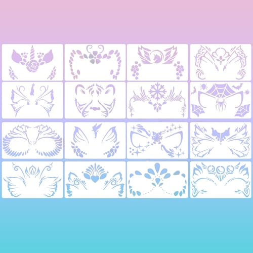 Gesichtsbemalungs-Schablonen-Set, 16 Stück, 20 x 12 cm, wiederverwendbare Vorlagen für Kinder, Tier- und Feenmuster