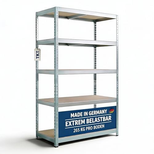 TKT – Work System Steckregal mit Holzböden & Unterzug 180x92x46cm - Verzinktes Regal mit 265kg Tragkraft pro Boden. Schwerlastregal mit 5 Böden für Werkstatt, Wohn- & Kellerraum