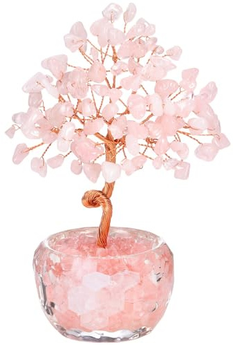 AURIVEE Kristallbaum Rosenquarz Lebensbaum mit Natürlichen Edelsteinen, Feng Shui Deko und Spirituelles Geschenk für Zuhause und Büro