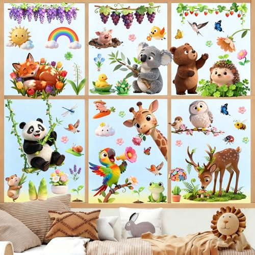 Kangtaixin Fensterbilder Kinderzimmer - 93 Stück Wald Tiere Fensterbilder Selbstklebend - Statisch Haftende Fensteraufkleber Wiederverwendbar - Frühling Sommer Glas Kinderzimmer Fenster Deko