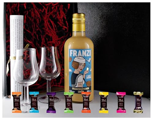 Franzi Franzbrötchen Likör + 2 Stilgläser + 8 Edelschokoladen in 8 Geschmacksvariationen im Geschenk Karton Männergeschenke Geschenkset Frauengeschenke Genießerset