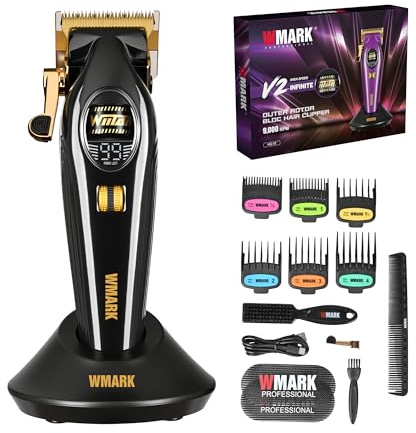 WMARK Professional Infinite Tondeuse à cheveux sans fil pour gaucher - Contrôle de la vitesse du rouleau, station de charge, rotor extérieur BLDC 9000 tr/min, lame en acier DLC, outil de salon de