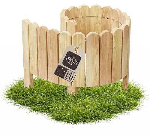 Be4Nature Rasenkante Holz 100 cm, 10 cm hoch, Hellbraun – Mähkante | Flach am Rasen – der Mäher fährt einfach drüber. Vormontiert, biegsam, 3 Erdspieße, ohne Graben – naturbelassen, unlackiert