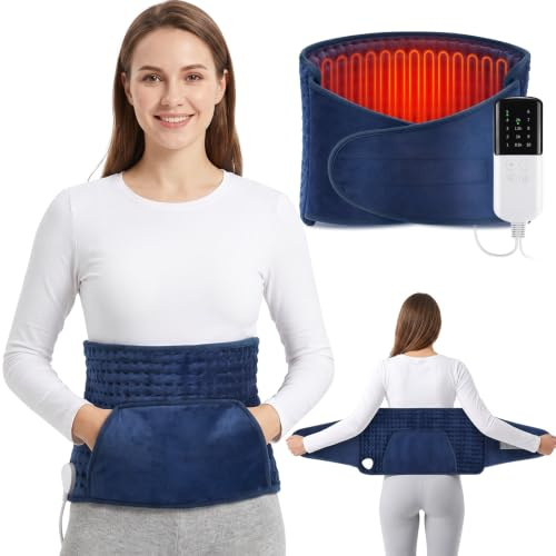 Heizkissen mit Abschaltautomatik EU mit 10 Wärmestufen 4 Timer Dunkelblau | Wärmegürtel Rücken 125x30cm, Wärmegürtel mit Handwärmetasche, Maschinenwaschbar Wärmekissen Geschenk für Vater Mutter