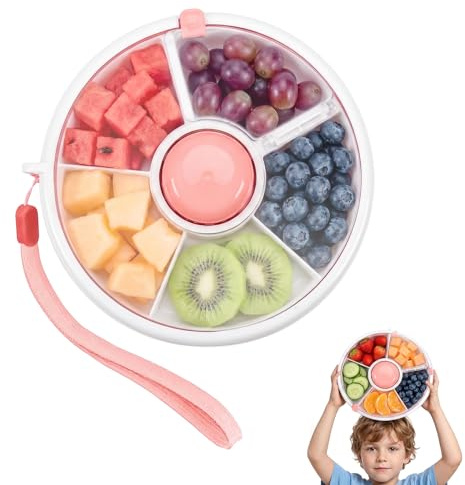 ExcellaElite Snack Spinner with 5 Compartments and Lid,Portable Rotating Snack Box Reusable Leakproof Clear for Veggie Melon Candy Fruit Snacks Seeds