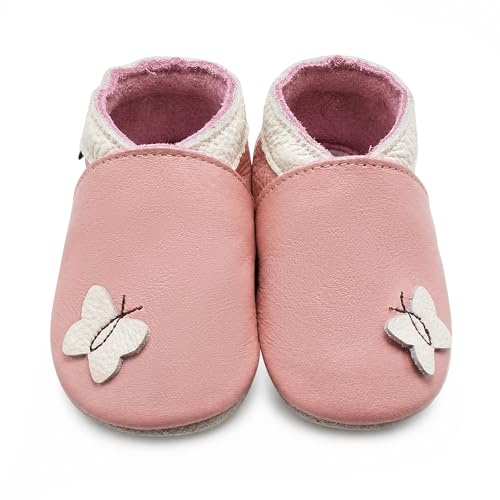Mejale Krabbelschuhe Baby Echtleder, Lauflernschuhe mit Weicher Veloursledersohle, Atmungsaktive Barfußschuhe für Erste Schritte, Jungen Mädchen,Rosa,6-12 Monate