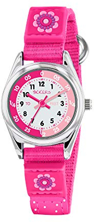 Tikkers Mädchen Quarz-Uhr mit weißem Zifferblatt Analog-Anzeige und Dark Pink Stoff und Leinwand Strap tk0119