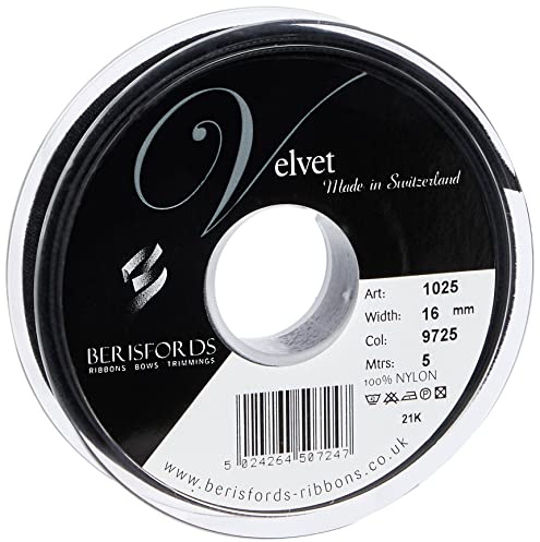 Berisfords Velvet Ribbon Black 16mm - Nylon Craft Ribbon for Sewing, Gift Wrapping and Hair Accessories