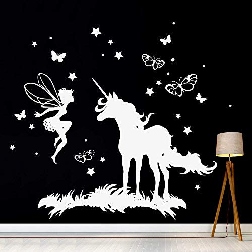 Wandtattoo Wandbild Wandaufkleber Wandsticker Aufkleber Einhorn Fee Sterne M2017 - ausgewählte Farbe: *weiß* ausgewählte Größe: *XXL - 130cm breit x 130cm hoch*