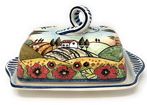 CERAMICHE D'ARTE PARRINI- Italienische Kunstkeramik, Butterdose Dekoration Landschaft Mohnblumen, handgemalt, hergestellt in Italien Toscana