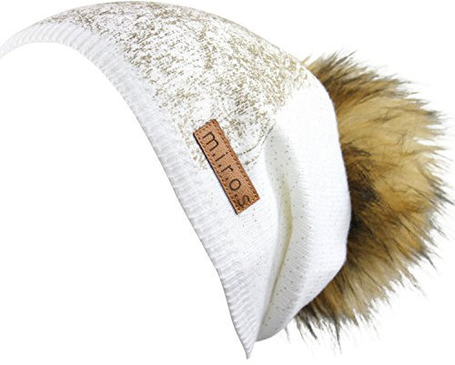 m.i.r.o.s Long Beanie Mütze Moni in Weiss/handgemachte Wintermütze Pom Pom Dipdruck