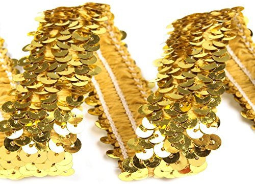 Stoffe-Online-Shop Stretch-Pailletten, Paillettenband, Paillettenborte elastisch, breite 30mm, Verkaufseinheit: 1,5m (Gold)