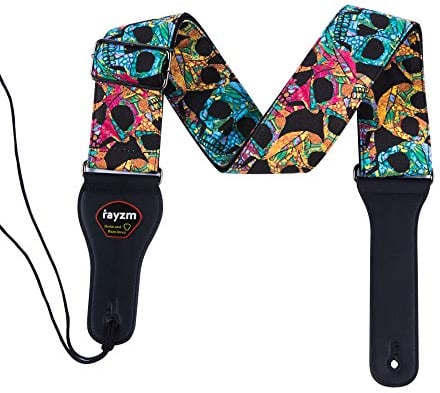 Rayzm Gitarrengurt/Bassgurt aus Baumwolle für Akustik-, E-Gitarre und Bassgitarre mit Plektum Tasche und Coolem Totenkopf-Design, 6,5 cm breit nur für Erwachsene (zu groß für Kinder)