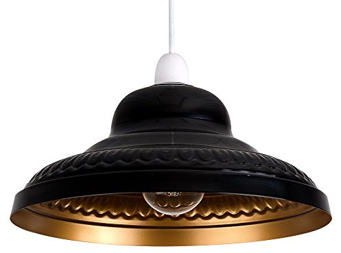 MiniSun | Retro Style Gloss Black and Gold Metal Ceiling Pendant Lamp Shade | Pendant Lights, Home Décor & Improvement Essential | 28cm Shade Width