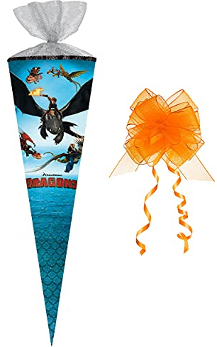 Schultüte - Dragons - Drachenzähmen leicht gemacht - 35 cm - rund - incl. Schleife - mit Tüllabschluß - Zuckertüte - mit/ohne Kunststoff Spitze - Nestle..