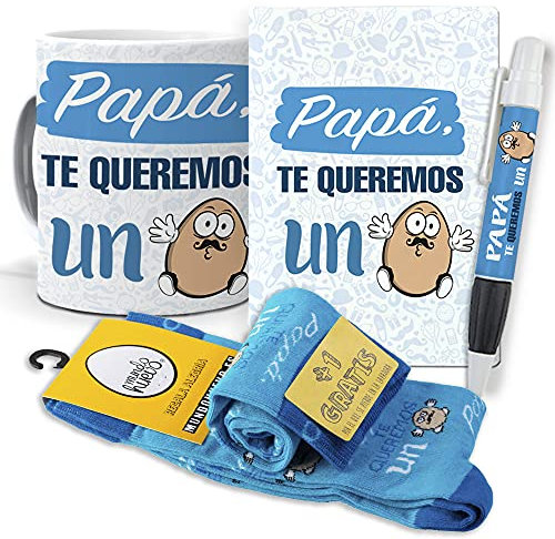 mundohuevo Super Regalo Dia del Padre. Papá te Queremos un Huevo. Taza, libreta, boli y Trio de Calcetines