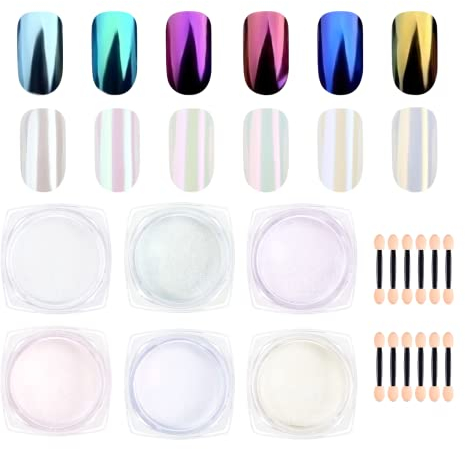 Kiiwah 6 Jar Nagelkunst Chrom Nagelpulver Set Perle Muschel Nagel Glitter Pulver Spiegeleffekt mit 12 Stück Lidschatten Sticks für Nagelkunst Design Dekoration