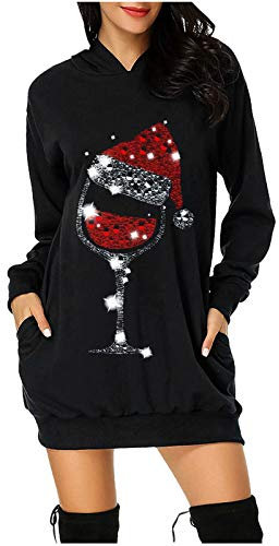 Weinglas Weihnachtskleid Damen Weihnachtsmotiv Minikleid Hoodies Sweatshirt Pullover Kleid Xmas Langarm Casual Kapuzenpullover Partykleid Frauen Christmas Longshirt Tunika Kleid