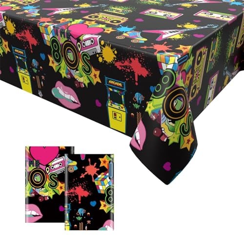 GRESATEK 2PCS 80er Party Tischdecken,80er Geburtstags Party Tischdecke Einweg Plastik Wasserdicht Tischdecke Hip Hop Themen Party Deko für 1980er Jahre Themen Party 137 x 274cm