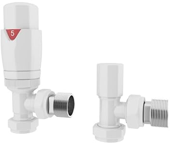 UK Radiators Thermostatic Radiator Valve (TRV) 15mm Angled Lockshield Valve in Glossy White Colour - Energy Saving 1/2 x 15mm Brass Angled Radiator Valve