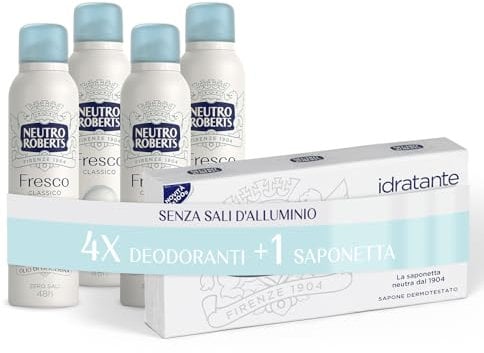 Neutro Roberts, Deodorante Spray Fresco Classico, Zero Sali di Alluminio, Zero Macchie, con Puro Olio di Glicerina, Deodorante Uomo e Donna, Dermatologicamente Testato, 48h - 4 Pezzi da 150 ml