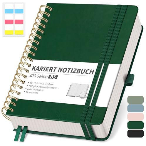 RETTACY Notizbuch B5 kariert, Bullet Journal mit 100 g/m² Dickem Papier, 150 Blatt, Collegeblock für Büro und Schule, Lederhülle, Dunkelgrün, 17.6 cm x 25 cm