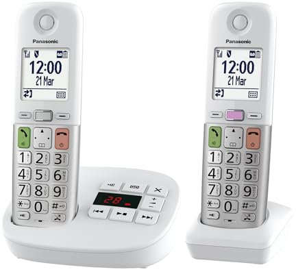 Panasonic KX-TGU432EXW Telefono Cordless Digitale con Segreteria Telefonica, Unità Base e 2 Ricevitori, Display LCD, Fav Call, Torcia, Compatibile con Apparecchi Acustici, Bianco e Argento