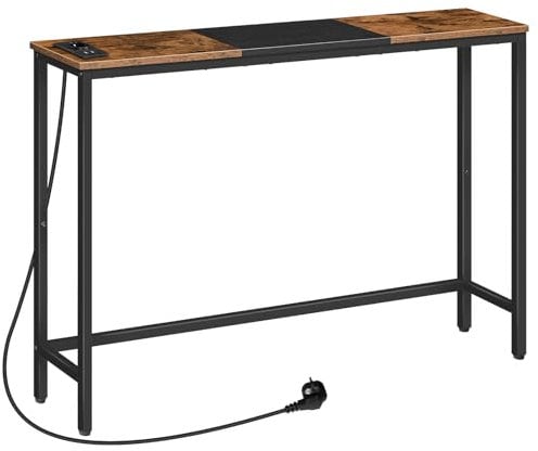 HOOBRO Table Console, Console Meuble étroite, Table élancée derrière Le canapé, Table d’Entrée avec Prise et Ports USB, Salon, Hall, Couloir, Bureau, Marron Rustique et Noir EBF114CXG01