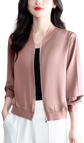 Veste En Satin pour Femme Bomber À Manches Longues Veste De Fête Élégante Blazer Vestes Décontractées Légères Veste De Baseball Zippée Manteau De Mode Printemps Automne Rose Foncé S