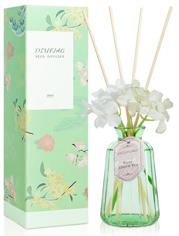 DIUFJAG 180ml - Rose Green Tea Rosen-Grüntee Raumduft Duftstäbchen Mit 8 stäbchen,Home Duft Reed Diffuser Lufterfrischer für Schlafzimmer Büro Badezimmer Regal Dekor