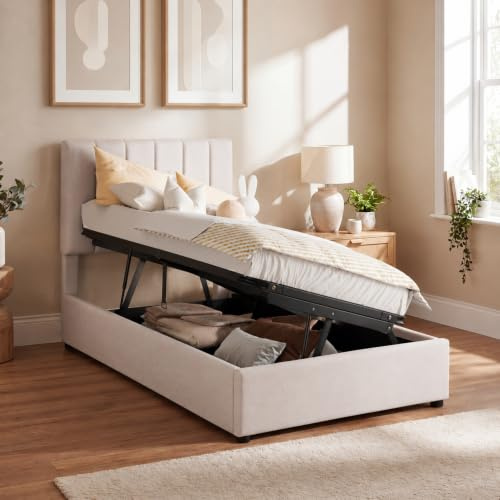 Letto Singolo con Contenitore 90x200 cm, Letto imbottito con Rete a Doghe, letto contenitore con Testiera regolabile in altezza e Sollevamento Idraulico, Lino, Beige